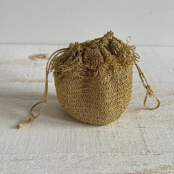 Vintage Miniature/Small Metallic Gold Crochet Drawstring Bag - Picture 1 of 12